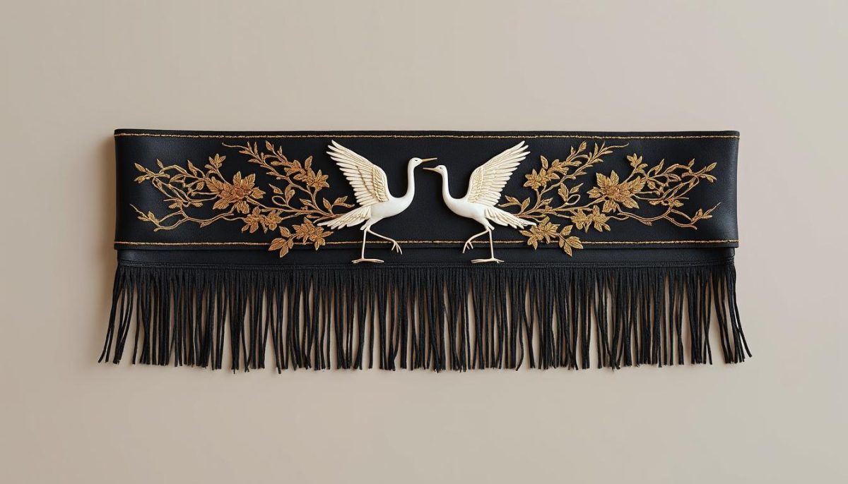 découvrez notre ceinture décorative féminine, une ceinture large élégamment ornée de franges et de broderies de grues, idéale pour sublimer toutes vos tenues avec une touche d’originalité et de raffinement.