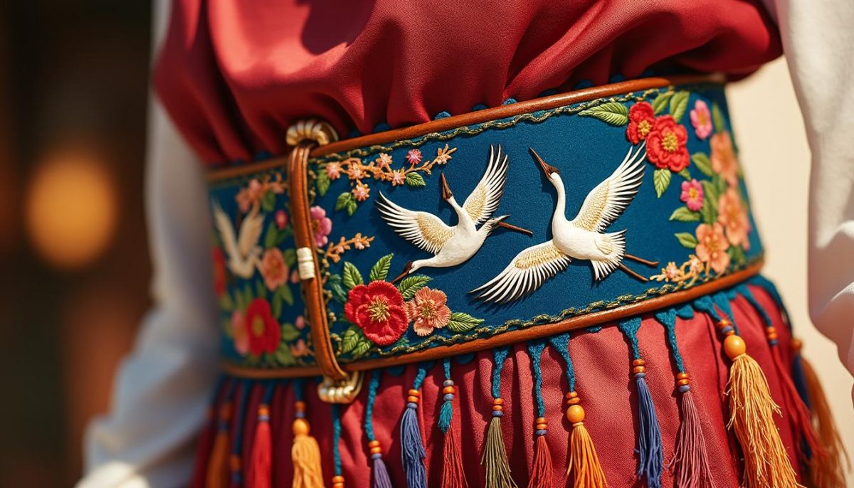 sublimez votre style avec cette ceinture décorative féminine, large et originale, ornée de franges élégantes et de broderies raffinées de grues. l’accessoire parfait pour personnaliser toutes vos tenues !