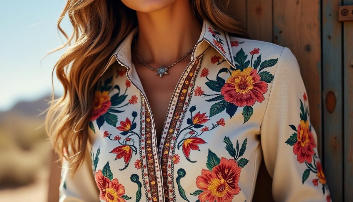 découvrez notre chemise western pour femme, coupe slim, ornée de délicates broderies florales. un haut élégant et féminin, parfait pour adopter le style authentique du far west avec une touche moderne et tendance.