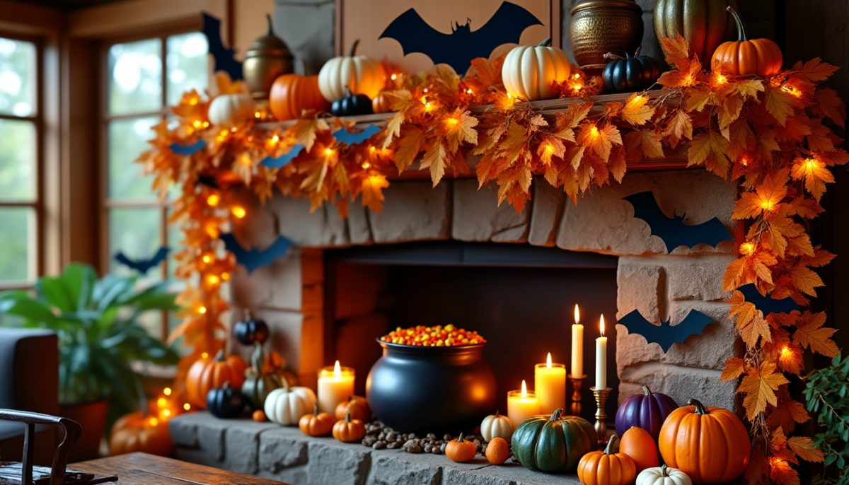 apportez une ambiance effrayante à votre salon avec notre décor de cheminée spécial halloween : guirlandes originales et mini citrouilles pour une touche festive et chaleureuse. idéal pour sublimer vos soirées d'octobre !