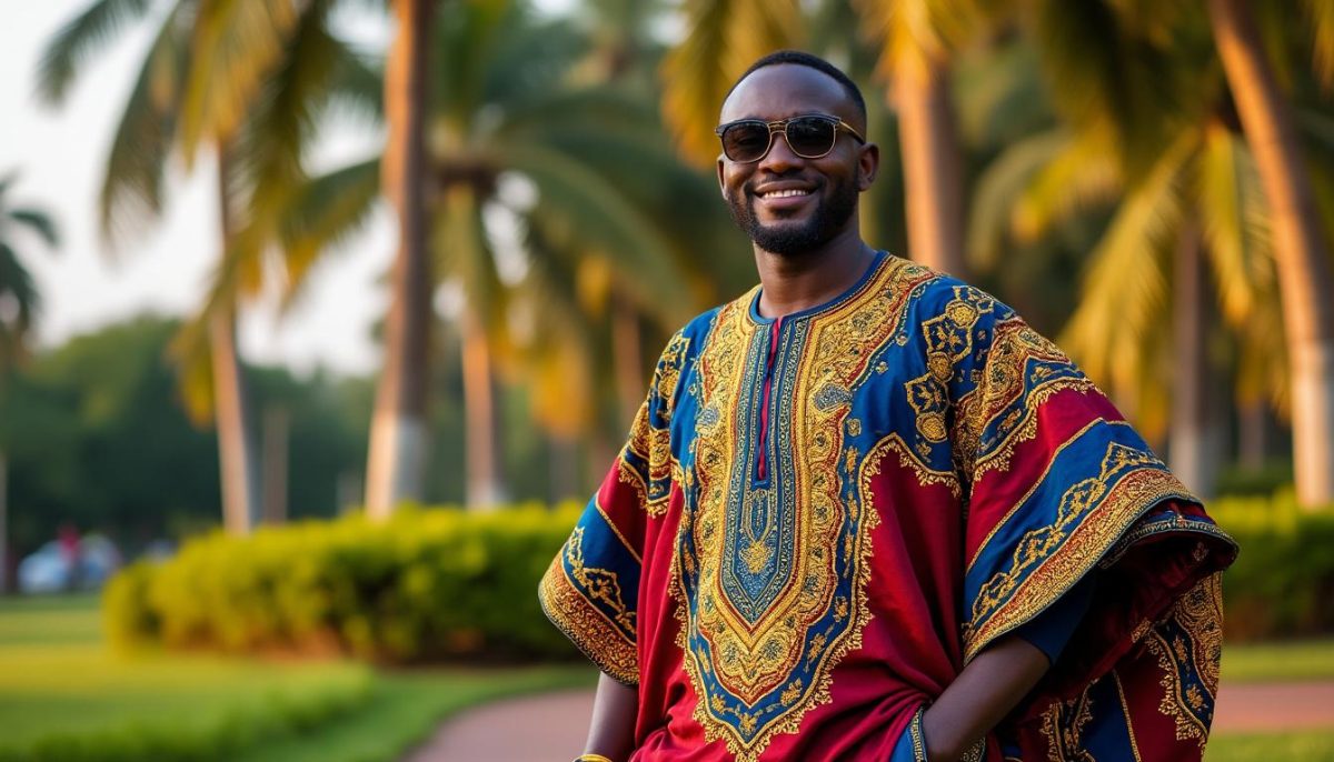 découvrez l'élégance de la tradition nigériane avec cet ensemble africain masculin en deux pièces, orné d'une broderie dorée raffinée. parfait pour les grandes occasions, ce costume dashiki conjugue authenticité et modernité.