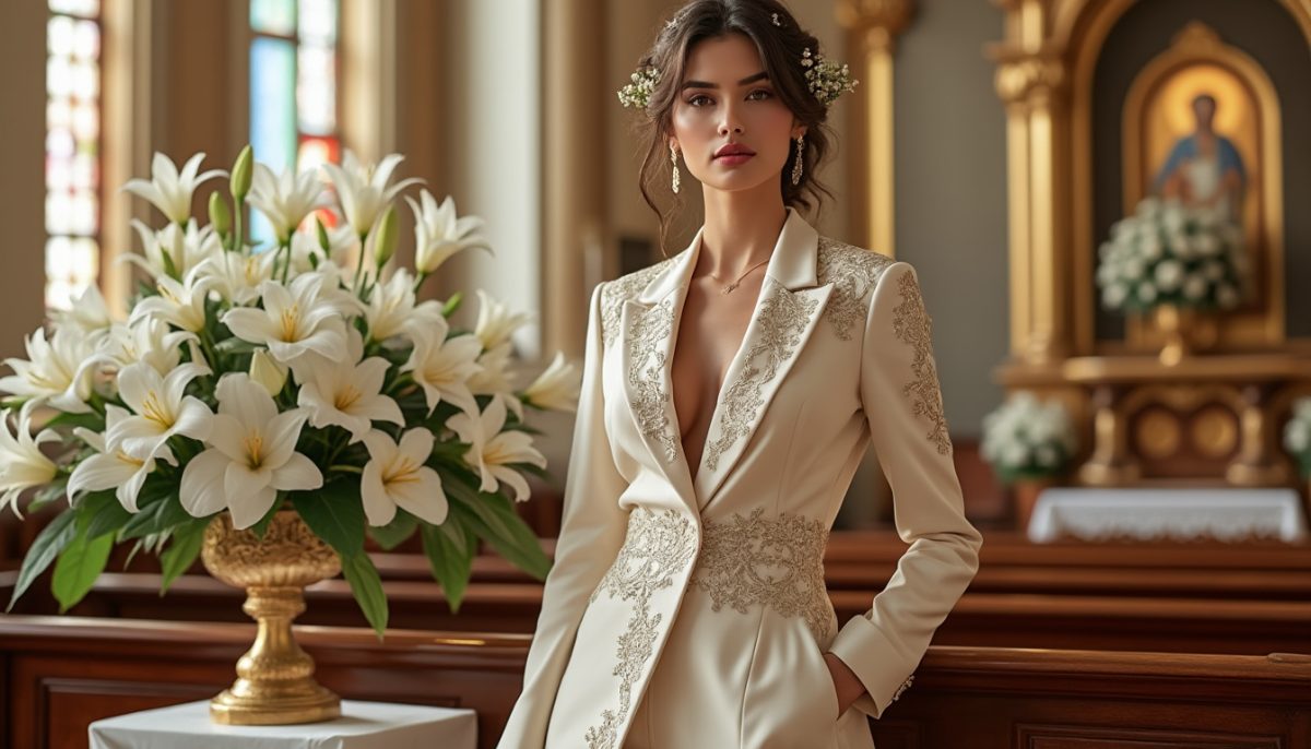 découvrez cet ensemble élégant pour femmes, composé d'un costume d'église raffiné avec veste longue ornée de broderies embossées. idéal pour célébrations, cérémonies et mariages, il allie style et sophistication pour toutes vos occasions spéciales.