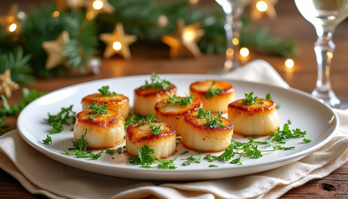 savourez des noix de saint-jacques poêlées festives, une recette raffinée et facile pour sublimer vos repas de fête avec élégance et gourmandise. parfait pour impressionner vos convives !