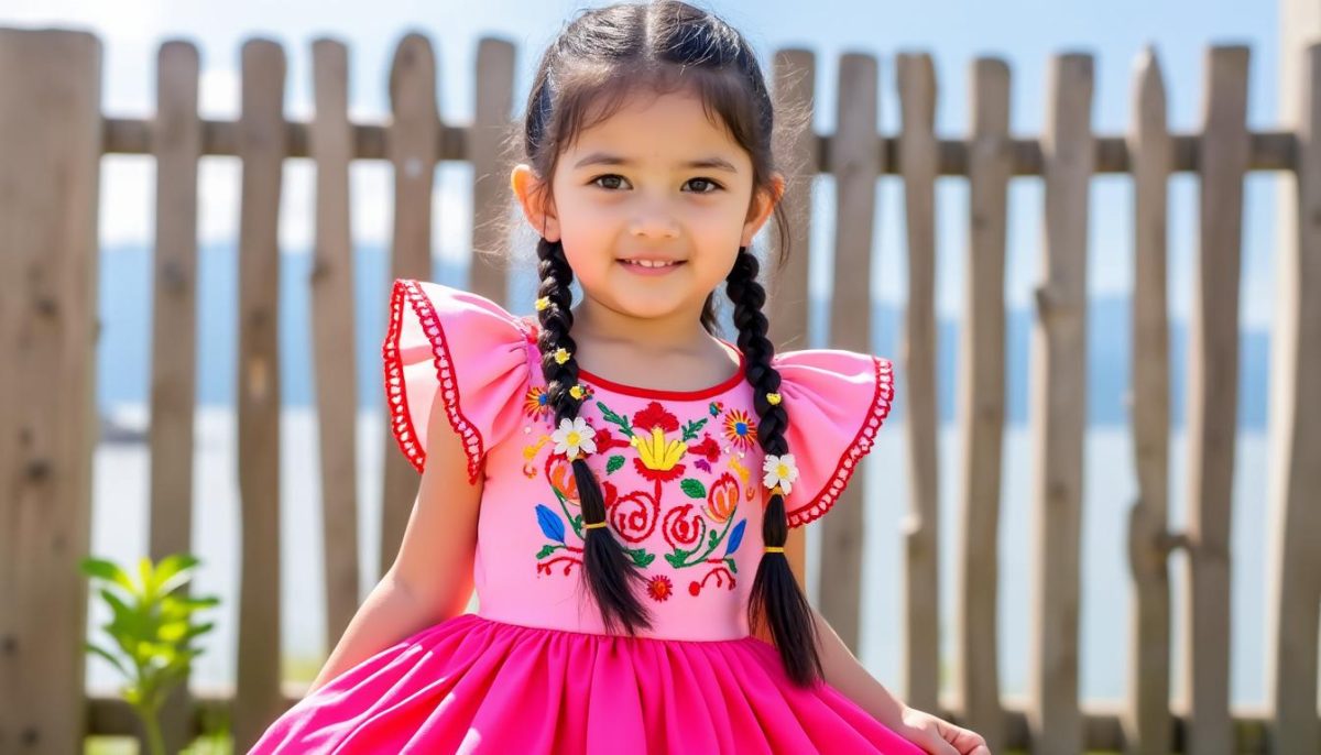 découvrez notre robe a-line pour filles, inspirée de l'élégance mexicaine traditionnelle. dotée de manches volantes et de délicates broderies florales, elle est idéale pour célébrer le cinco de mayo avec style et authenticité.