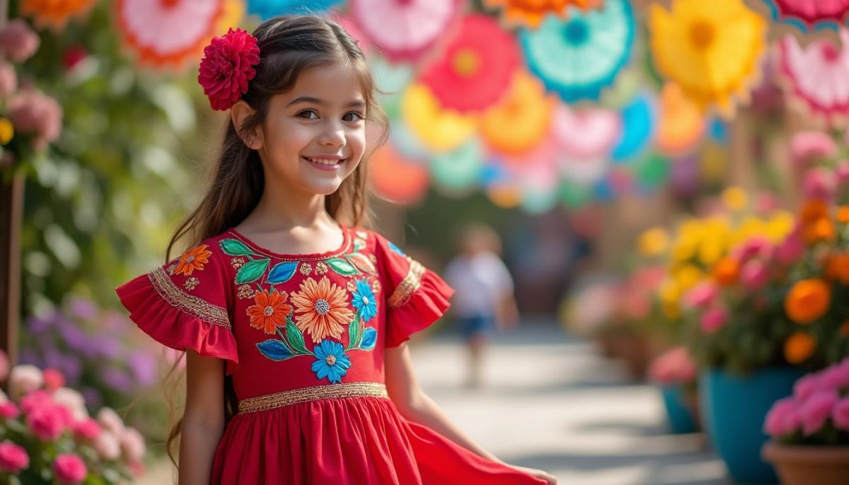 découvrez notre robe a-line pour filles inspirée de l’élégance mexicaine traditionnelle. parfaite pour le cinco de mayo, elle séduit par ses manches volantes et ses broderies florales colorées, offrant confort et style pour chaque célébration.