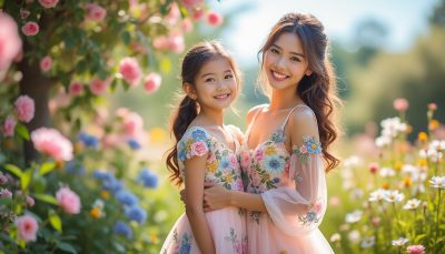 craquez pour la robe florale coordonnée maman et fille ! en tulle brodé, cette tenue élégante est parfaite pour l’été, pour des moments complices et stylés entre femmes et petites filles.