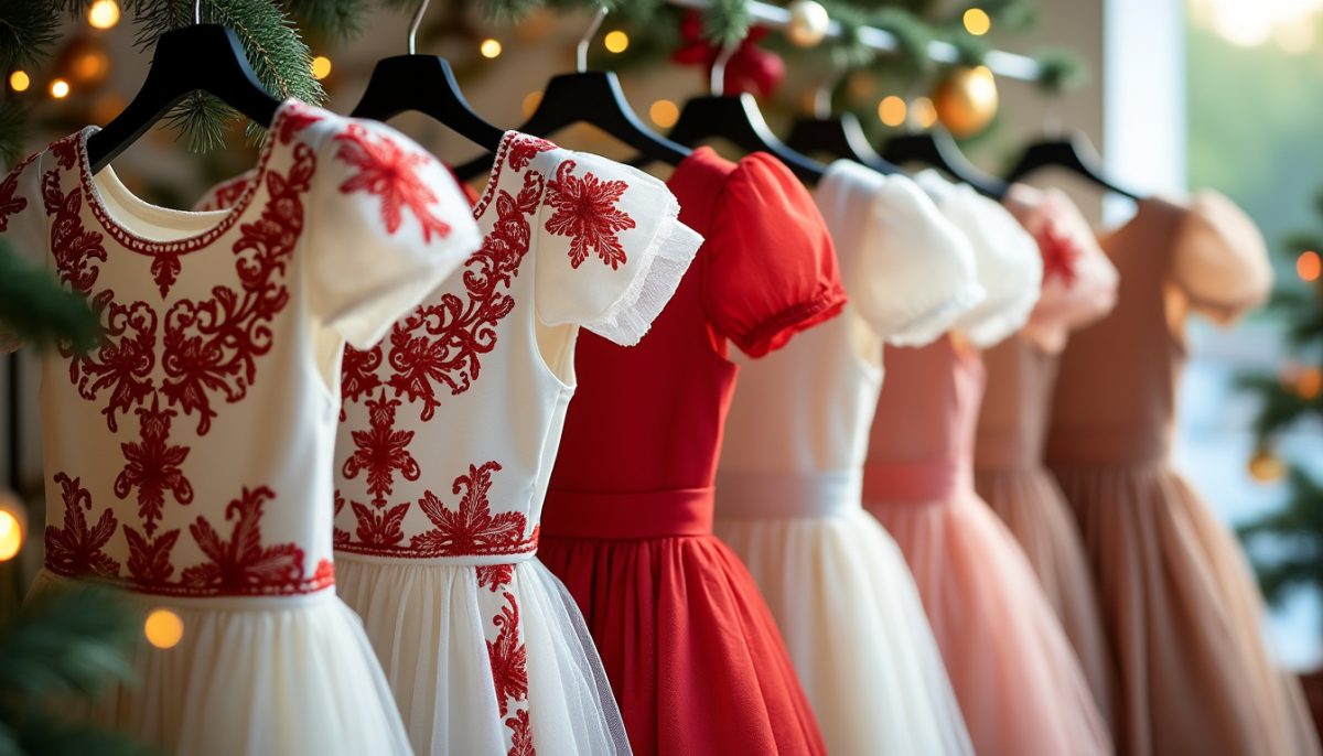 découvrez la robe de noël pettigirl pour filles : une tenue élégante à manches bouffantes, ornée de superbes broderies rouges. parfaite pour les fêtes, elle est disponible en tailles 2 à 12 ans.