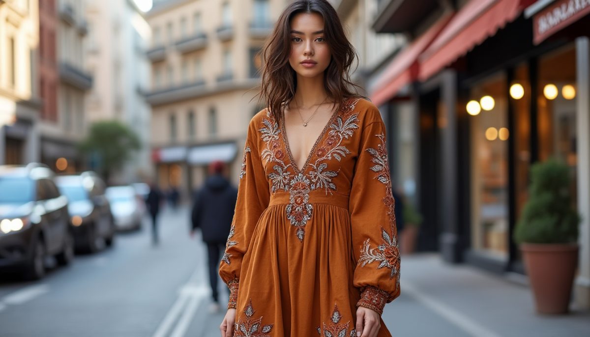 découvrez la robe tendance à broderie et empiècements, une pièce élégante et décontractée à manches longues, idéale pour l’automne 2023. parfaite au quotidien, elle sublime votre style streetwear avec raffinement.