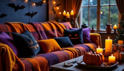 créez un salon cosy pour halloween avec nos plaids doux, coussins originaux et bougies parfumées. idées déco chaleureuses pour une ambiance cocooning et festive !
