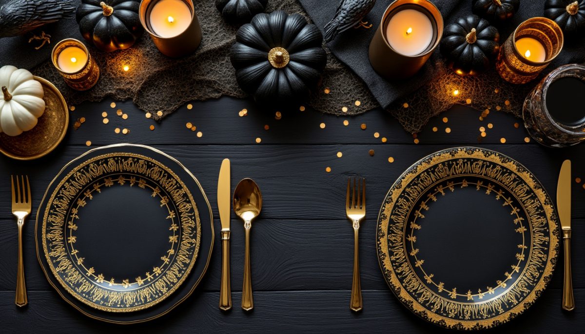découvrez notre collection chic de vaisselle jetable noir et or pour halloween : des tables élégantes et festives, idéales pour impressionner vos invités lors de votre soirée d’halloween.
