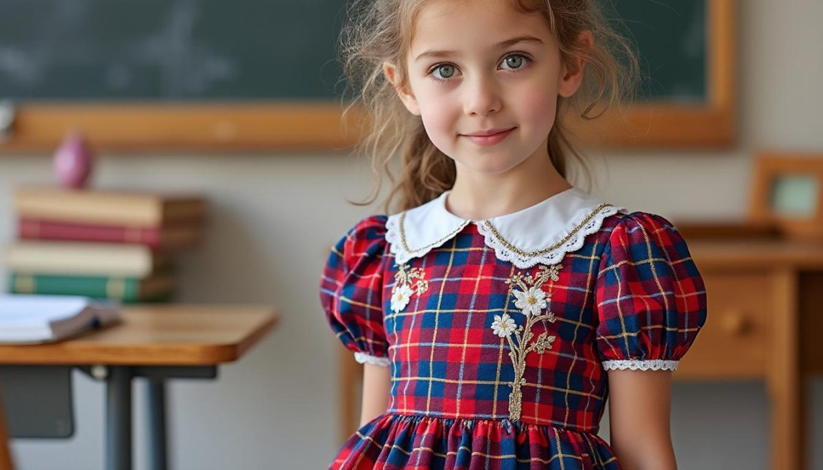 découvrez la tenue de rentrée parfaite pour votre petite fille : une robe écolière à carreaux élégante, ornée de broderies délicates, avec des manches bouffantes et smockées pour un look raffiné et confortable.