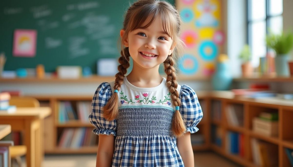 découvrez la tenue de rentrée idéale pour petite fille : une robe écolière à carreaux avec broderies délicates, manches bouffantes et smockées. alliez style, confort et originalité pour une rentrée pleine de charme !