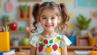 découvrez la robe d'école maternelle à broderie fruitée, idéale pour une rentrée pétillante et stylée des petites filles. un premier jour plein de fraîcheur et de bonne humeur !
