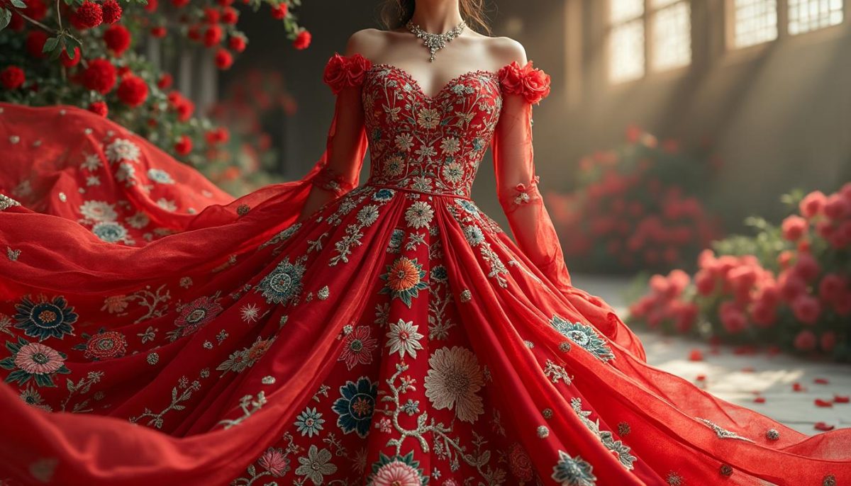 découvrez une robe rouge exceptionnelle, confectionnée par 380 artistes internationaux, qui narre des histoires fascinantes à travers des broderies uniques et pleines de sens.