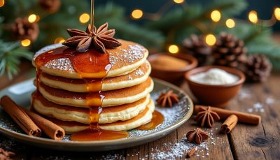 découvrez une recette festive de pancakes aux saveurs chaleureuses de cannelle et d'épices, parfaits pour régaler famille et amis lors des fêtes.