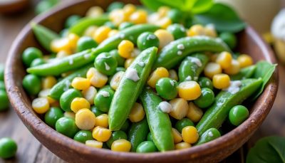 découvrez une salade estivale rafraîchissante alliant pois, haricots verts croquants et maïs sucré, le tout relevé d'une délicate vinaigrette au babeurre pour une explosion de saveurs légères et gourmandes.