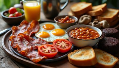découvrez un petit déjeuner copieux d'inspiration anglaise, parfait pour bien commencer la journée avec saveurs et énergie.