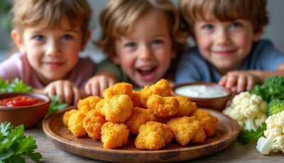 découvrez ces nuggets dorés et croustillants, garnis de chou-fleur caché, le moyen idéal pour faire craquer les enfants sans qu'ils s'en rendent compte.
