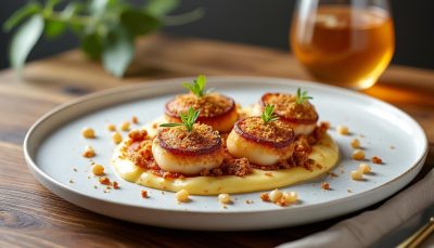 découvrez un plat raffiné alliant douceur et saveurs salées avec notre purée beurrée, crumble croustillant aux noisettes et saint-jacques enrobées de lard pour un mariage sucré-salé parfait.