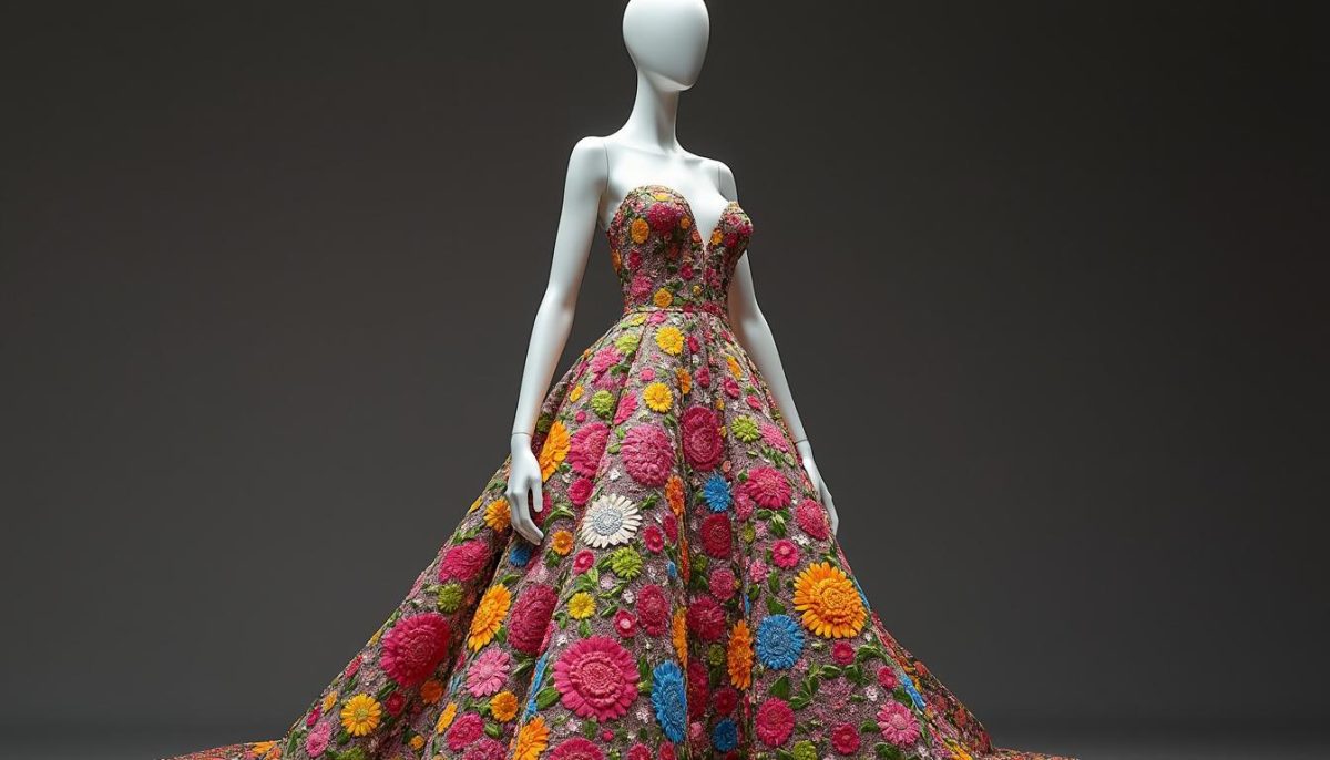 découvrez une robe unique, fruit de la collaboration de centaines de talents issus de dizaines de pays, alliant créativité et diversité internationale.