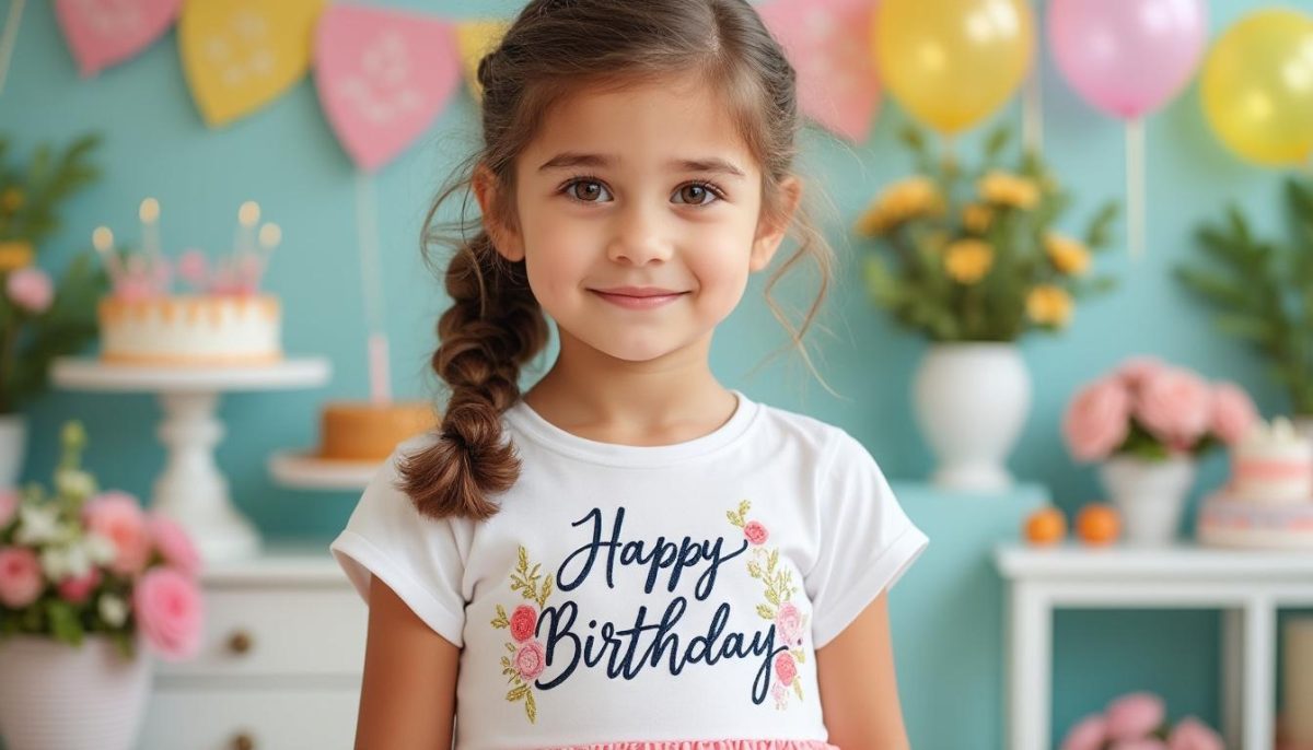 découvrez notre ensemble d'anniversaire pour petite fille, comprenant un t-shirt brodé à manches courtes et une jupe tutu colorée, parfaits pour une fête inoubliable et pleine de charme.