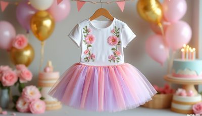 découvrez notre ensemble d'anniversaire pour petite fille, composé d'un t-shirt brodé à manches courtes et d'une jupe tutu, parfait pour une fête inoubliable et pleine de charme.