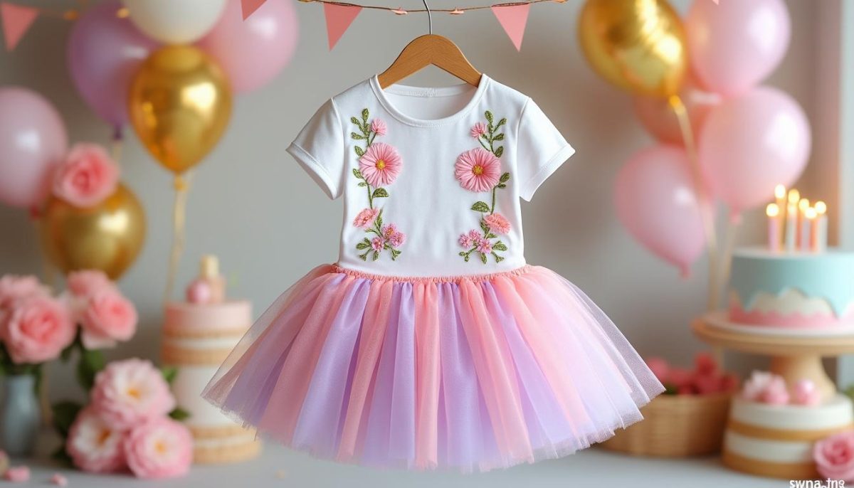 découvrez notre ensemble d'anniversaire pour petite fille, composé d'un t-shirt brodé à manches courtes et d'une jupe tutu, parfait pour une fête inoubliable et pleine de charme.