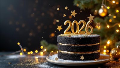 découvrez notre gâteau d'anniversaire « minuit » pour le nouvel an 2026, au thème chic avec un décor express et un effet wow garanti pour célébrer en beauté.