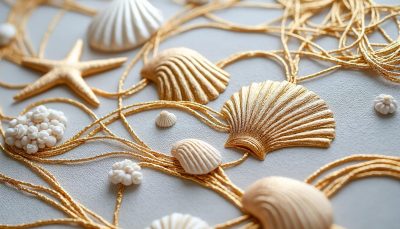 découvrez notre kit de broderie ruban doré fait main sur toile 3d, idéal pour une décoration murale diy romantique au bord de mer. dimensions 20×26 cm, parfait pour une tapisserie à aiguilles unique et élégante.