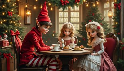 découvrez l'histoire magique du lutin farceur partageant un moment de thé enchanteur avec les poupées, une aventure pleine de surprises et de rires pour petits et grands.