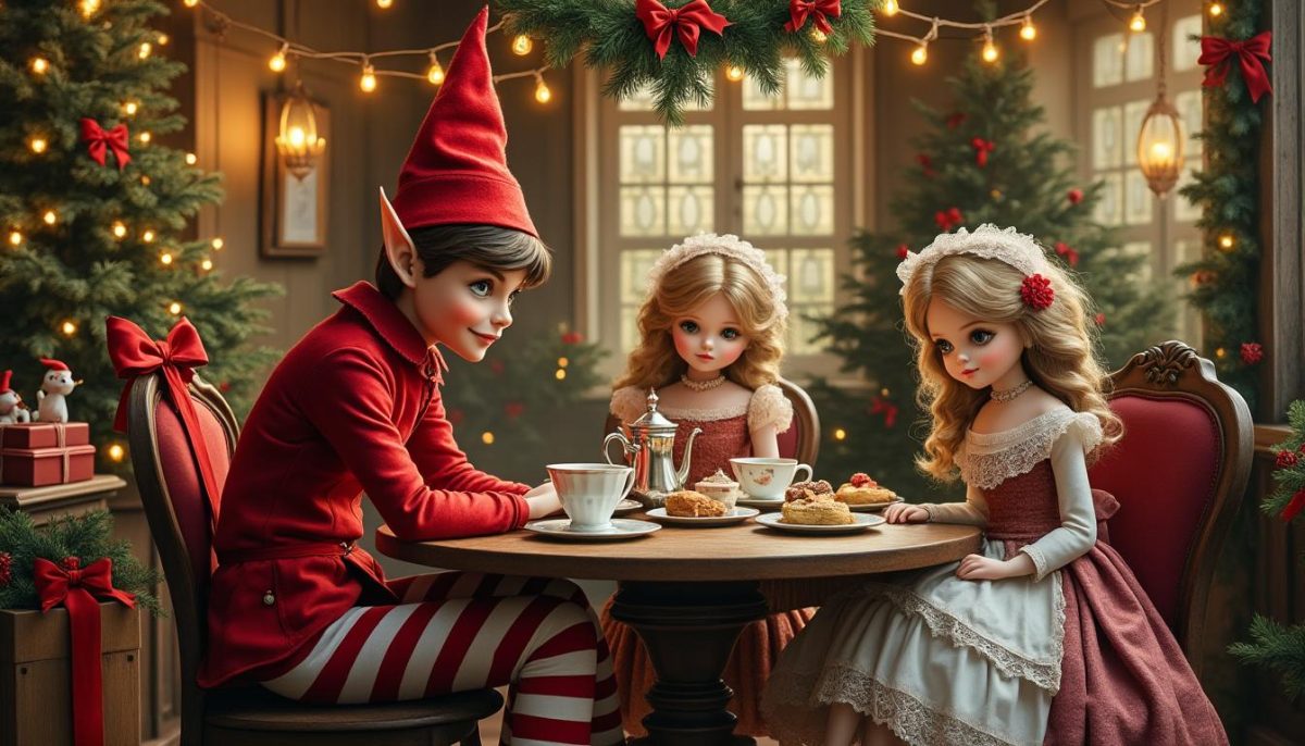 découvrez l'histoire magique du lutin farceur partageant un moment de thé enchanteur avec les poupées, une aventure pleine de surprises et de rires pour petits et grands.