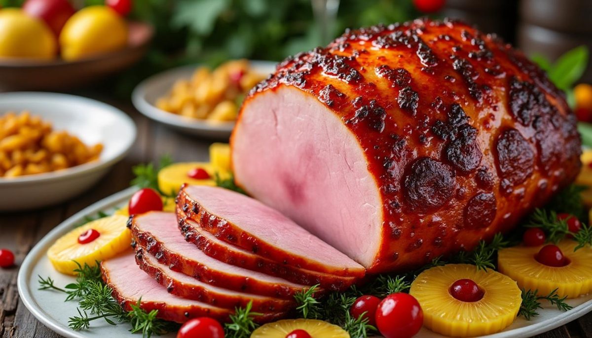 découvrez notre recette festive de jambon nappé d'un glaçage tropical et sucré, parfait pour vos repas de fête. facile à réaliser, ce plat saura ravir vos convives avec ses saveurs exotiques et gourmandes.