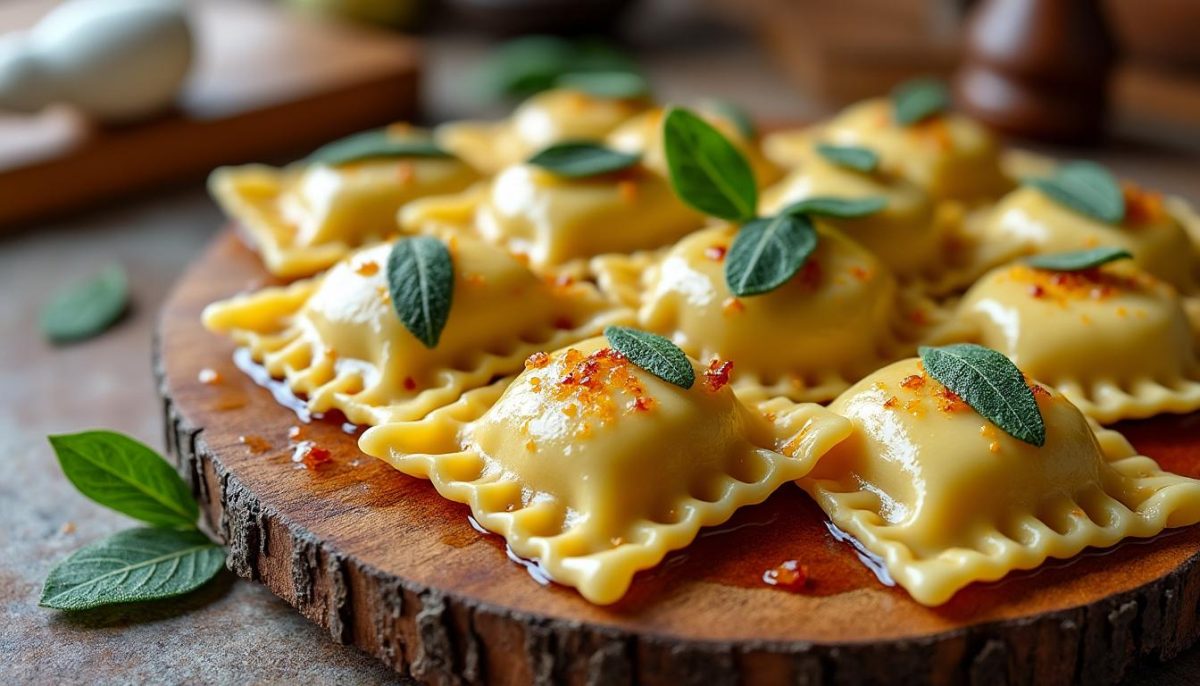 découvrez la recette délicieuse de raviolis nappés d'une sauce onctueuse au beurre noisette et sauge, pour un plat savoureux et raffiné.