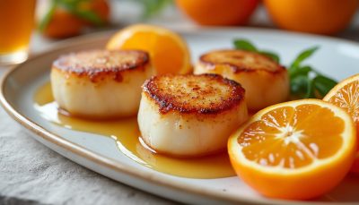 découvrez une entrée festive et légère avec des saint-jacques dorées accompagnées de clémentines caramélisées, pour une explosion de saveurs d'agrumes qui ravira tous les palais.