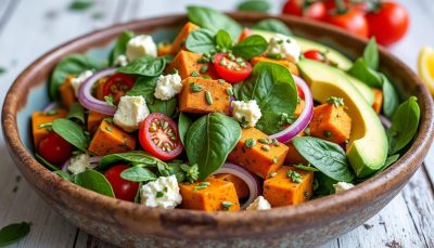 découvrez notre salade gourmande de patates douces, riche en vitamines et saveurs exquises pour un repas sain et délicieux.