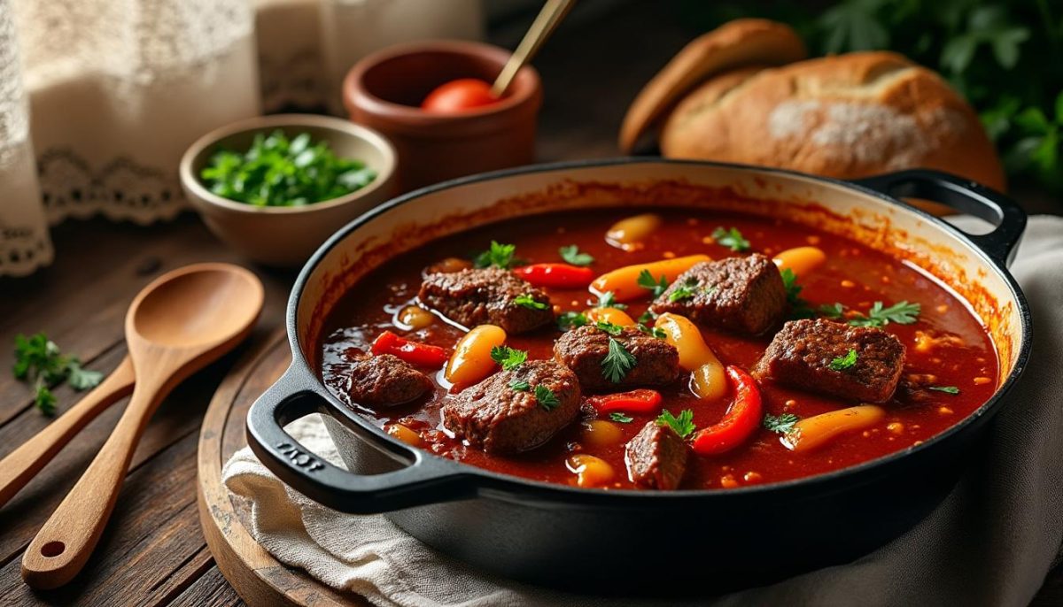 découvrez notre savoureux goulasch hongrois comfort, un plat traditionnel au bœuf fondant mijoté avec des épices authentiques pour un goût riche et réconfortant.