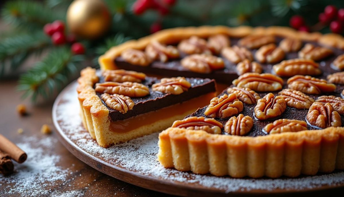 découvrez notre tarte de noël irrésistible alliant caramel fondant, chocolat noir intense et noix au miel pour un plaisir gourmand dès la première bouchée.