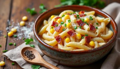 savourez un bol réconfortant de pâtes crémeuses au maïs et bacon, une recette délicieuse et facile à préparer qui ravira toute la famille.