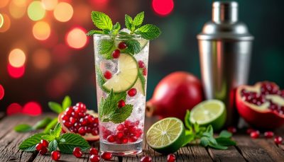 découvrez un réveillon éclatant avec le mojito grenade aux couleurs rouge et vert, une boisson fruitée et spectaculaire parfaite pour célébrer vos fêtes avec style et fraîcheur.