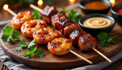 découvrez un trio de brochettes crevettes, canard et porc qui va sublimer vos apéros de fête et surprendre vos invités avec des saveurs inédites.