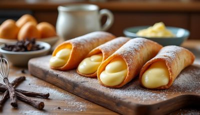 savourez nos cannoli dorés au four, garnis d'une crème pâtissière vanillée onctueuse. une recette maison facile pour un dessert irrésistible et élégant.