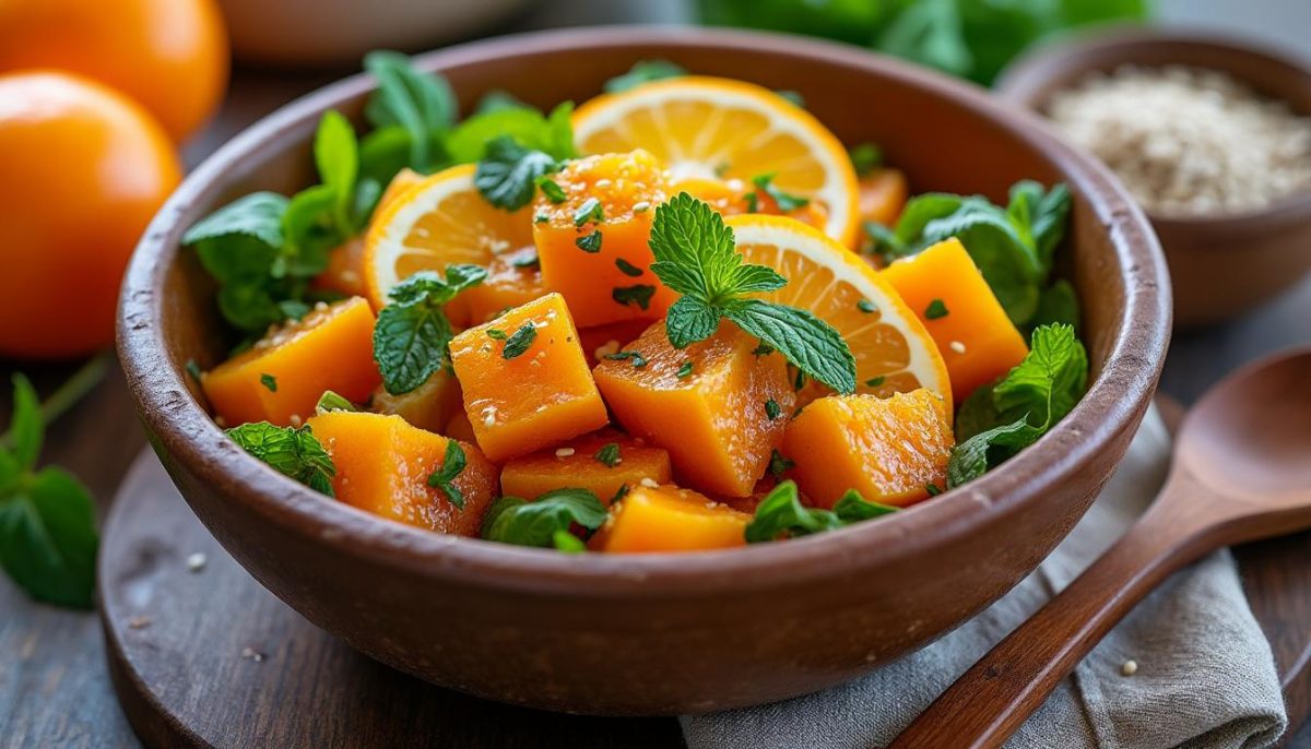 découvrez une salade tiède et croquante à la courge crue parfumée à l'orange, une recette rafraîchissante idéale pour équilibrer les excès des fêtes.