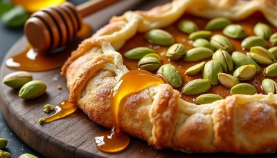 découvrez notre galette feuilletée gourmande, croustillante et délicatement nappée de miel chaud, parsemée de pistaches fondantes, parfaite pour célébrer une épiphanie irrésistible et savoureuse.