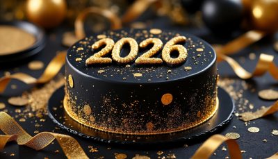 découvrez la recette moelleuse du gâteau nouvel an 2026, parfaite pour une décoration élégante en or et noir. un dessert festif et savoureux pour célébrer la nouvelle année avec style.