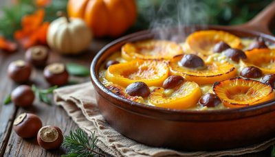 découvrez notre gratin doré et fondant à la courge et aux châtaignes, une recette hivernale chaleureuse et gourmande qui réconforte à chaque bouchée.