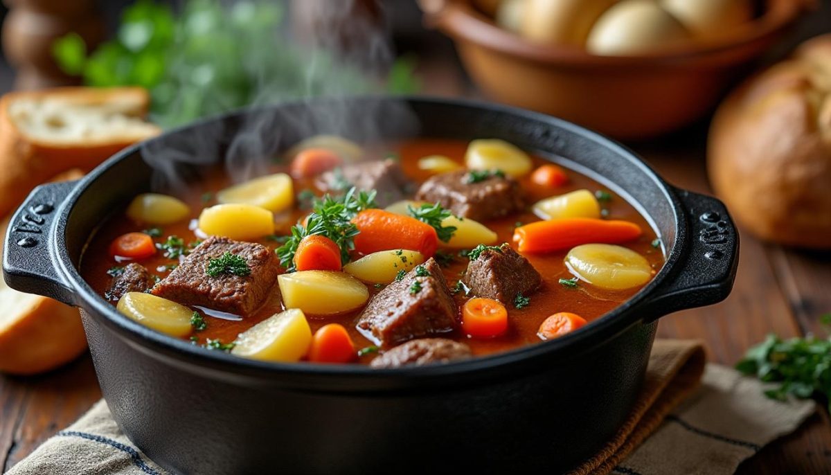 découvrez le pot-au-feu mijoté lentement, un plat réconfortant avec des légumes fondants et une viande juteuse, idéal pour se réchauffer pendant les froides soirées d'hiver.