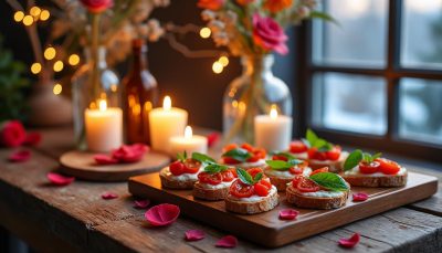 célébrez la saint-valentin 2026 avec un apéro gourmand : bruschetta à la tomate confite, burrata crémeuse et basilic frais, pour un moment d'amour et de saveurs.