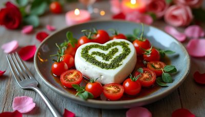 découvrez notre entrée spéciale saint valentin 2026 : burrata fondante en forme de cœur, accompagnée de pesto savoureux et de tomates rôties délicates, pour un début de repas romantique et gourmand.
