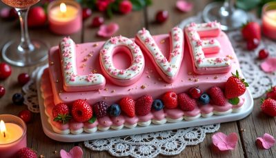 découvrez notre gâteau saint valentin 2026 en forme de lettre, décoré avec des fruits rouges frais, parfait pour célébrer l'amour avec douceur et gourmandise.