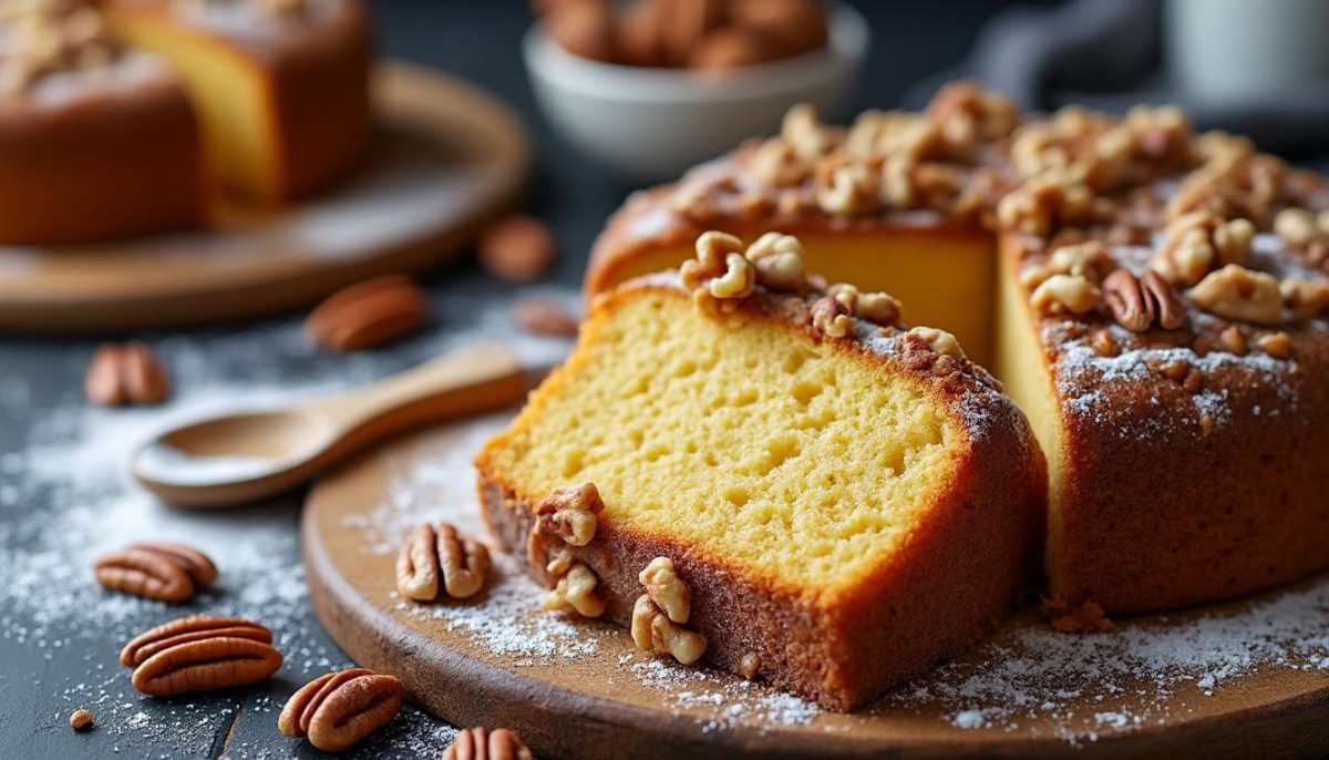 découvrez un gâteau réconfortant au cœur tendre et à l'extérieur croustillant, agrémenté de noix croquantes pour une touche irrésistible de simplicité classique.